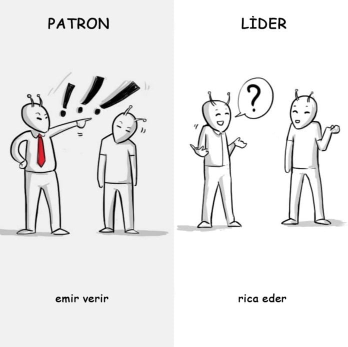 Patron emir verir, lider fikrinizi alır ve rica eder. Patron emir verir, lider fikrinizi alır ve rica eder.