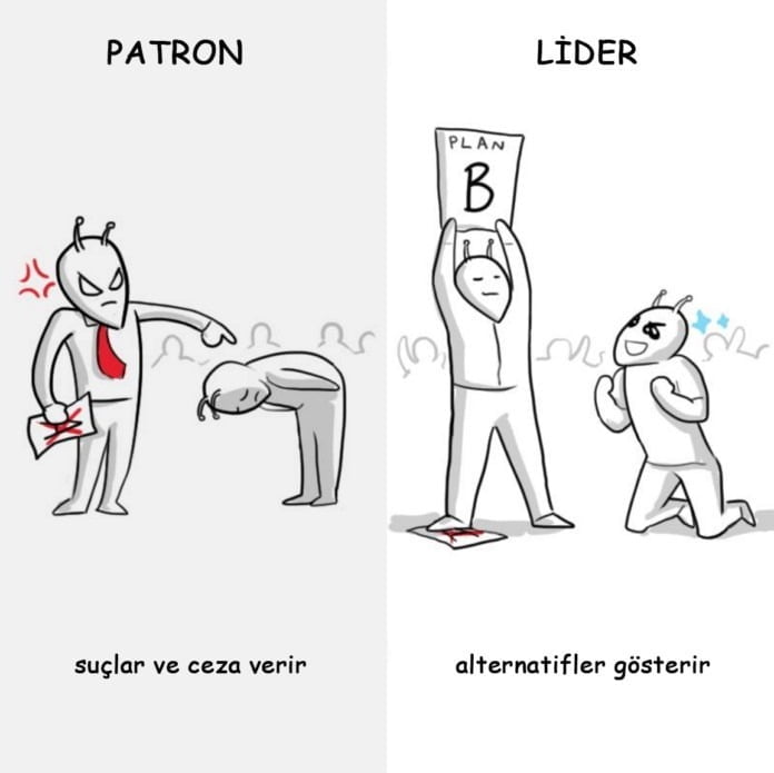 Patron, hata yapıldığında suçlar ve ceza verir. Lider, hata yaptığında alternatif sunar ve telafi etmene imkan verir. Patron, hata yapıldığında suçlar ve ceza verir. Lider, hata yaptığında alternatif sunar ve telafi etmene imkan verir.