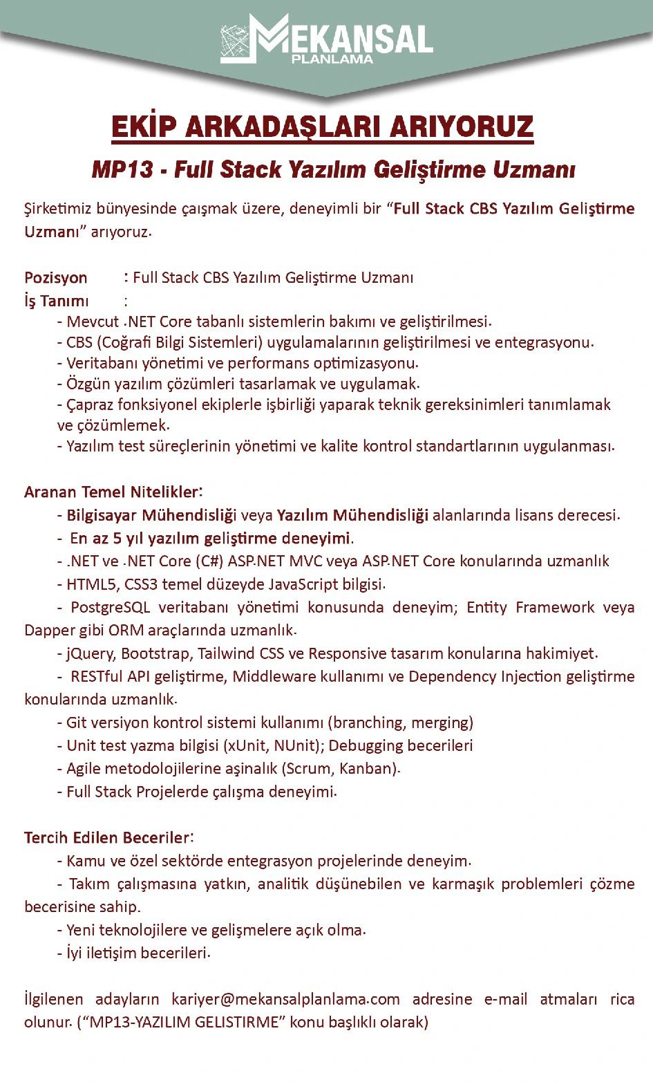 MP13 - Full Stack Yazılım Geliştirme Uzmanı arayanlar Mekansal Planlama MP13 - Full Stack Yazılım Geliştirme Uzmanı iş ilanları Mekansal Planlama